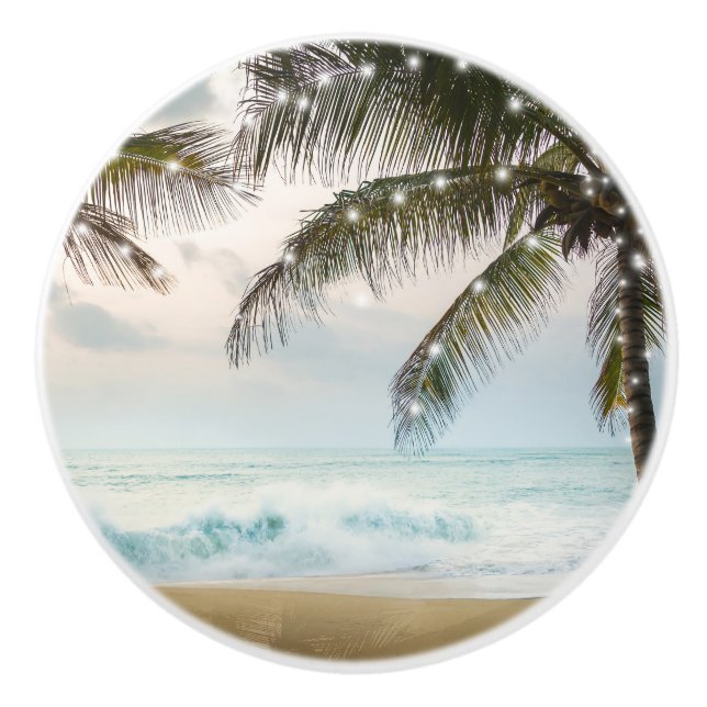 Tropical Beach Ocean Palm Trees & Lights Ceramic Knob (Front)