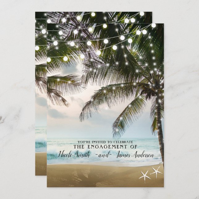 Tropical Beach Ocean Palm Trees Lights Engagement Invitation (Front/Back)