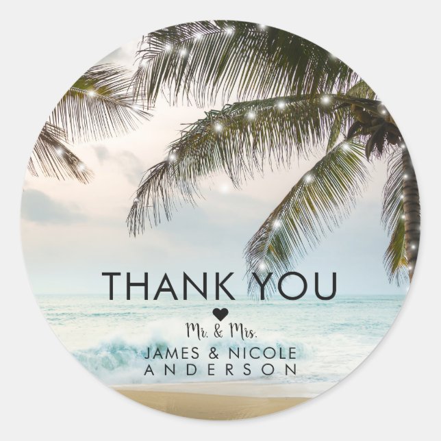 Tropical Beach Ocean Palm Trees & Lights Wedding Classic Round Sticker (Front)