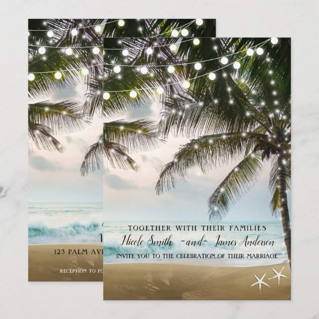 Tropical Beach Ocean Palm Trees & Lights Wedding Invitation (Front/Back)