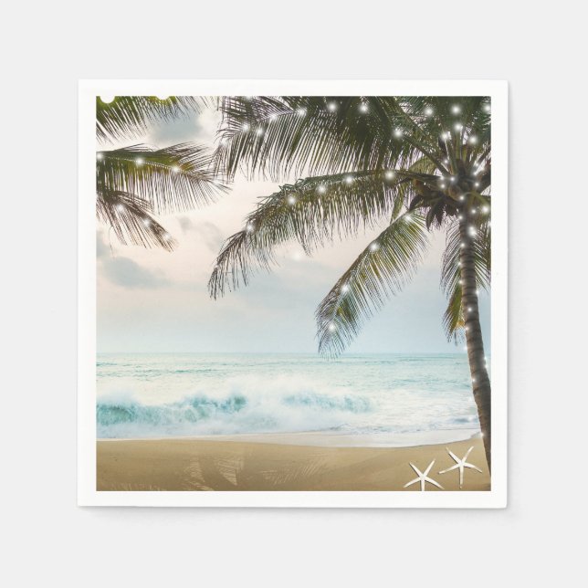 Tropical Beach Ocean Palm Trees & Lights Wedding Napkin (Front)