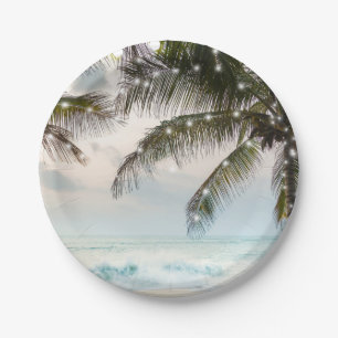 Tropical Beach Ocean Palm Trees & Lights Wedding Paper Plate