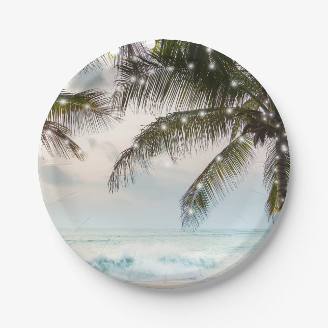 Tropical Beach Ocean Palm Trees & Lights Wedding Paper Plate (Front)