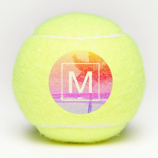 Tropical Beach Ocean Pink Monogram Tennis Balls (Front)