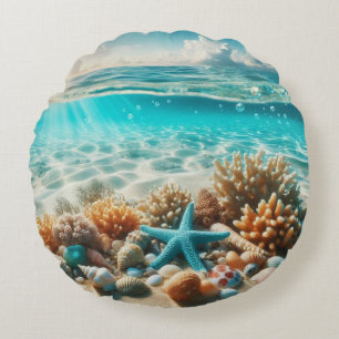 Tropical Beach Ocean Seashells And Starfish Round Cushion