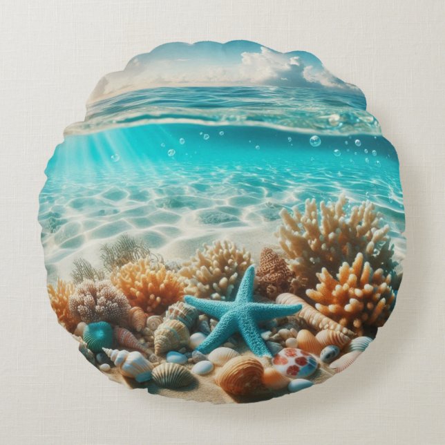 Tropical Beach Ocean Seashells And Starfish Round Cushion (Front)