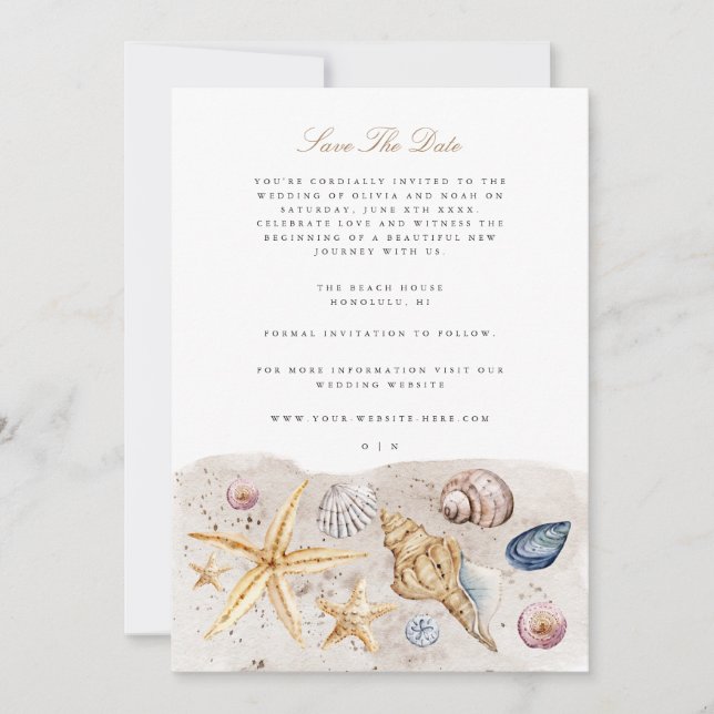 Tropical Beach Ocean Shell Save The Date Card (Front)