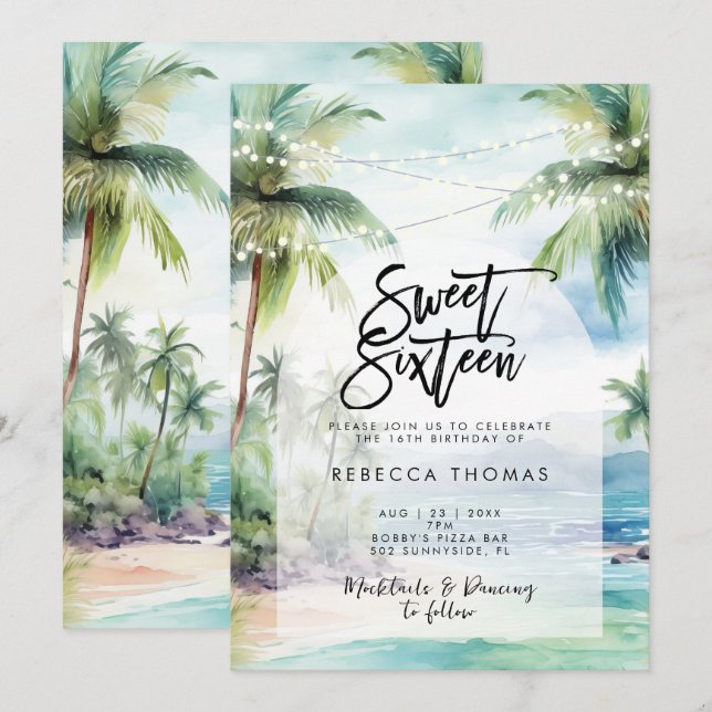 tropical beach ocean sweet 16 party invitation (Front/Back)