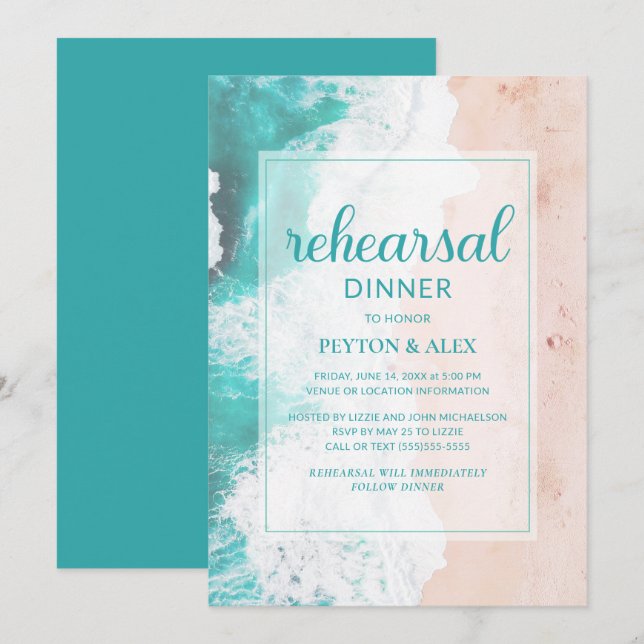 Tropical Beach Ocean Turquoise Teal Rehearsal Invitation (Front/Back)