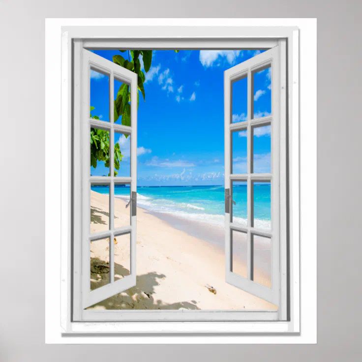 Tropical Beach Ocean View Faux Window Poster | Zazzle