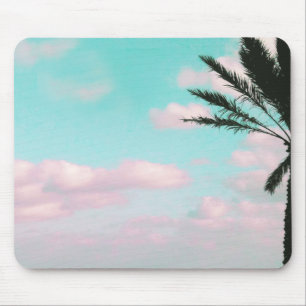 Tropical Beach, Ocean View, Pink Clouds, Palm Mouse Mat