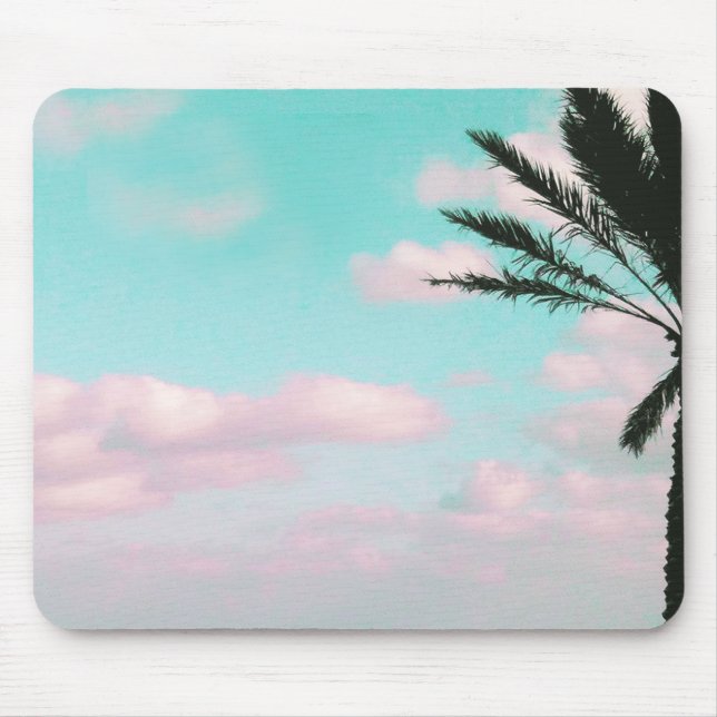 Tropical Beach, Ocean View, Pink Clouds, Palm Mouse Mat (Front)
