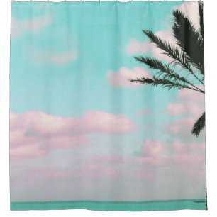 Tropical Beach, Ocean View, Pink Clouds, Palm Shower Curtain