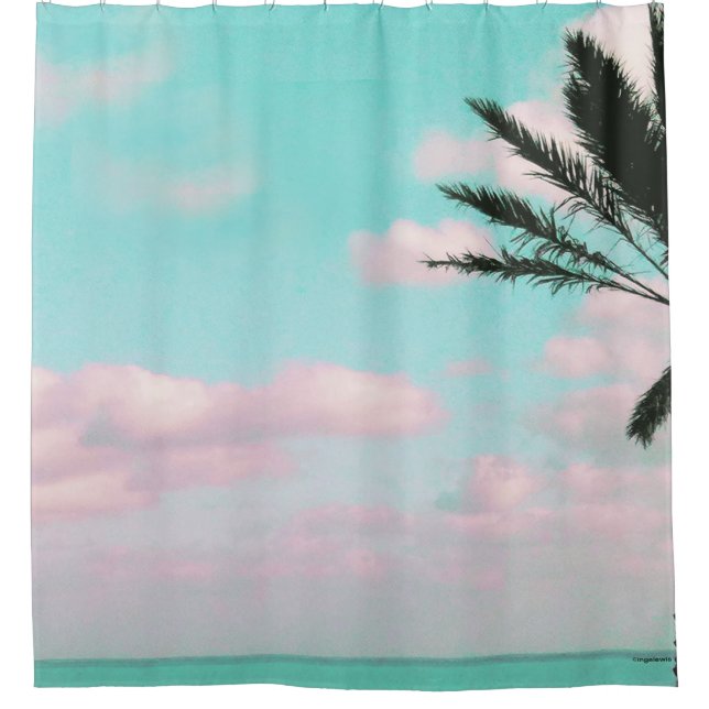 Tropical Beach, Ocean View, Pink Clouds, Palm Shower Curtain (Front)