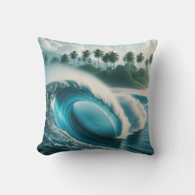 Tropical Beach Ocean Wave Crescendo Palm Trees Cushion (Front)