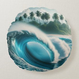 Tropical Beach Ocean Wave Crescendo Palm Trees Round Cushion