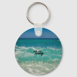 Tropical Beach Ocean Waves Name Key Ring