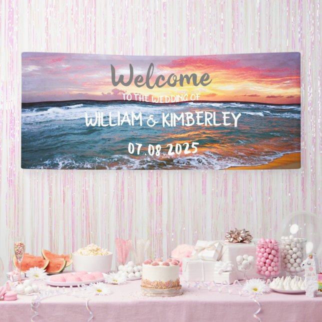 Tropical Beach Ocean Waves Sunset Elegant Wedding Banner (Party)
