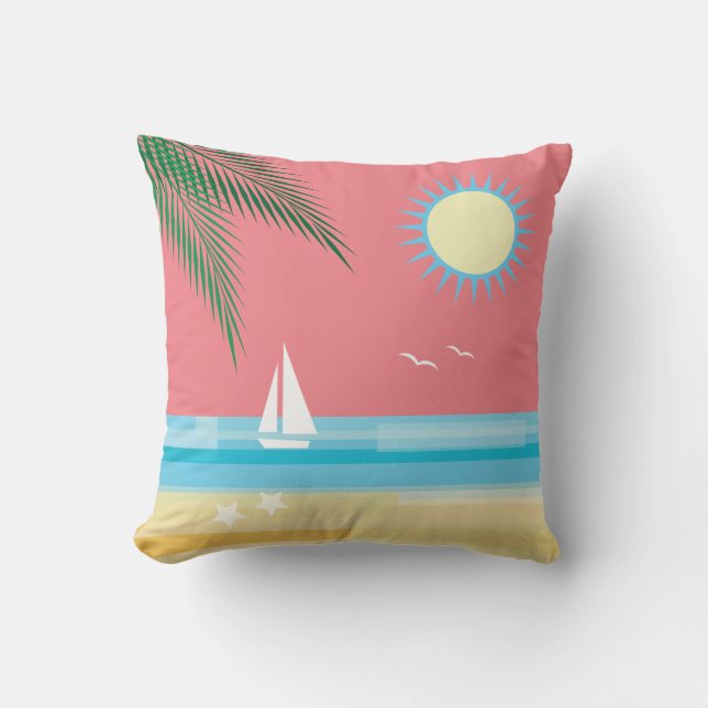 Tropical Beach on Coral Sky Cushion (Front)