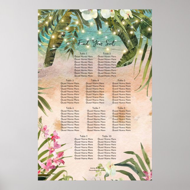 tropical beach orchid floral wedding seating chart (Front)