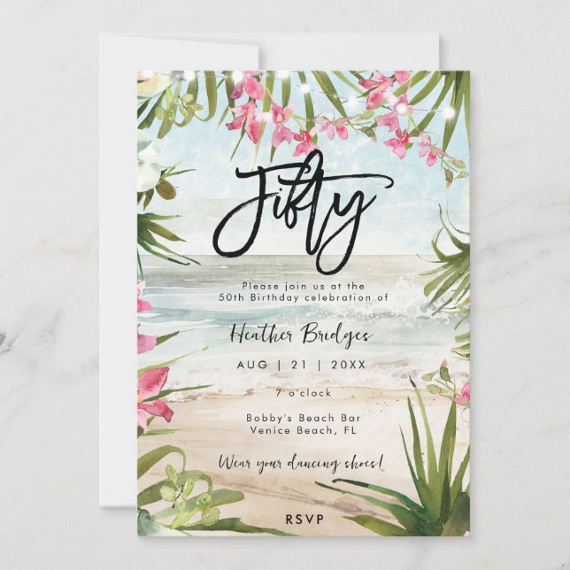 Tropical beach orchids 50th birthday party invitation (Front)