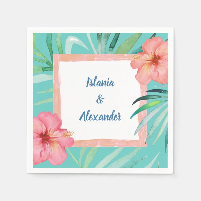 Tropical Beach Palm Hibiscus Wedding & Shower Napkin (Front)