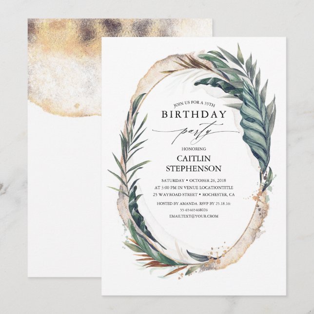 Tropical Beach Palm Leaves and Gold Birthday Invitation (Front/Back)