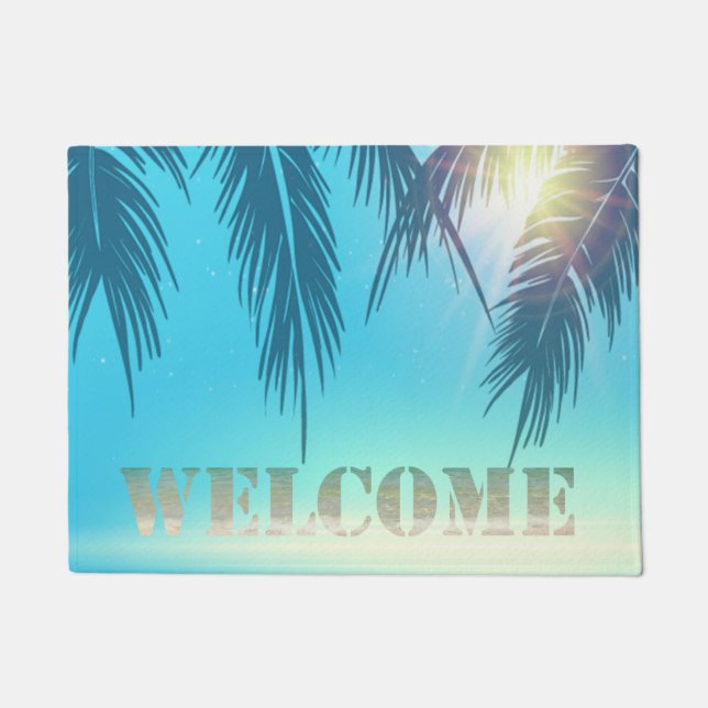 Tropical Beach, Palm Leaves Welcome Doormat (Front)