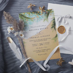 Tropical Beach Palm Lights Photo QR Code Wedding Invitation