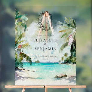 Tropical Beach Palm   Monogram Wedding Welcome Acrylic Sign