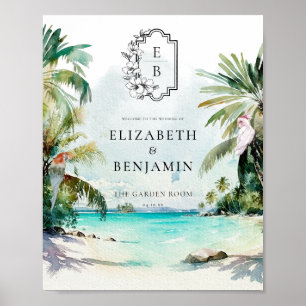 Tropical Beach Palm Monogram Wedding Welcome Poster