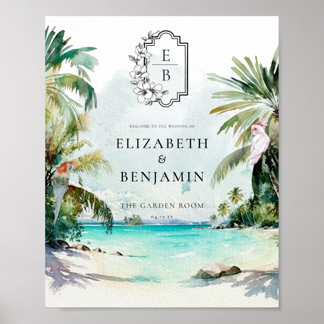 Tropical Beach Palm | Monogram Wedding Welcome Poster (Front)