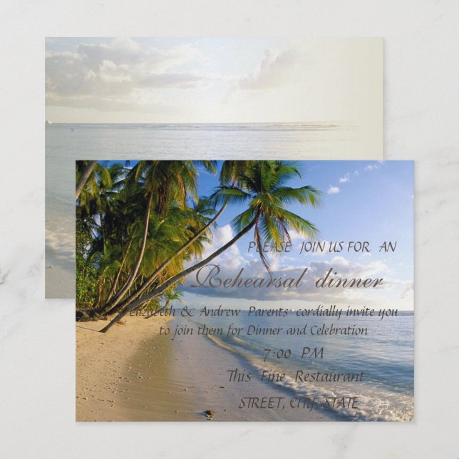 Tropical Beach,Palm  Rehearsal Dinner Invitation (Front/Back)