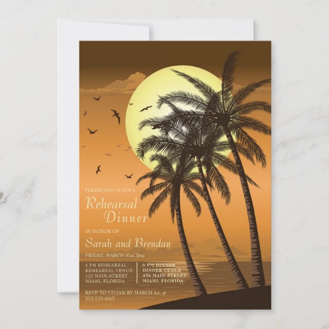 Tropical Beach Palm Rehearsal Dinner invitation  (Front)
