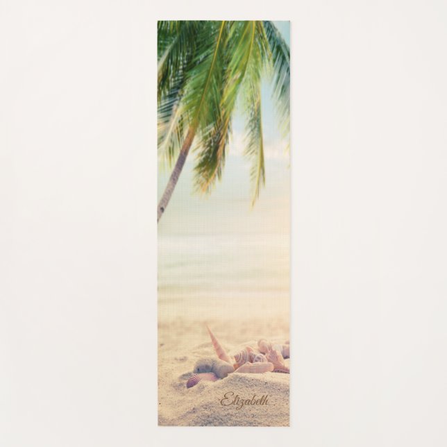 Tropical Beach,Palm, Sand,Seashells- Personalised Yoga Mat (Front)