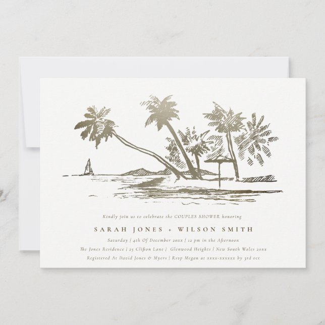 Tropical Beach Palm Sketch Gold Couples Shower Invitation (Front)
