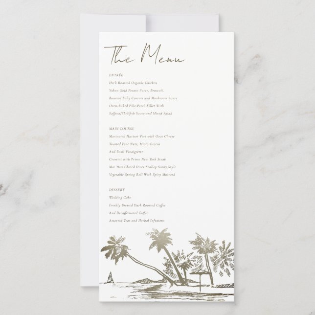 Tropical Beach Palm Sketch Wedding Gold Menu Card (Front)