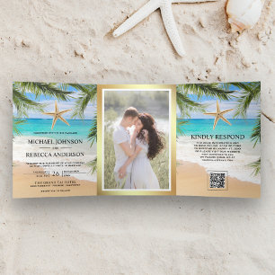 Tropical Beach Palm Starfish Photo QR Code Wedding Tri-Fold Invitation