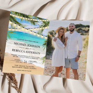 Tropical Beach Palm String Lights QR Code Wedding Invitation