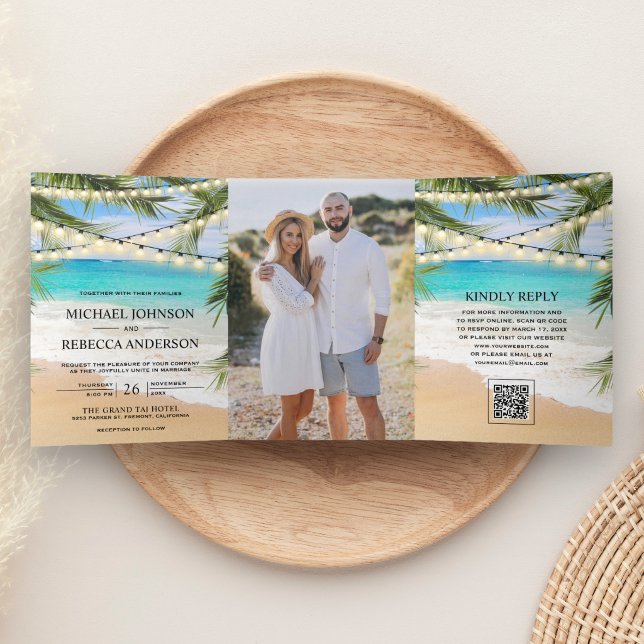 Tropical Beach Palm String Lights QR Code Wedding Tri-Fold Invitation (Creator Uploaded)