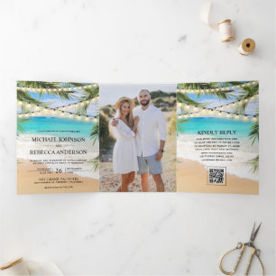 Tropical Beach Palm String Lights QR Code Wedding Tri-Fold Invitation