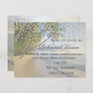 Tropical Beach,Palm,String Lights Rehearsal Dinner Invitation