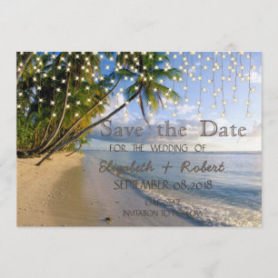 Tropical Beach,Palm,String Lights  Save The Date