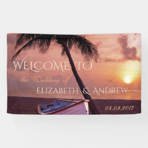 Tropical Beach,Palm, Sunset, Boat  Wedding Banner