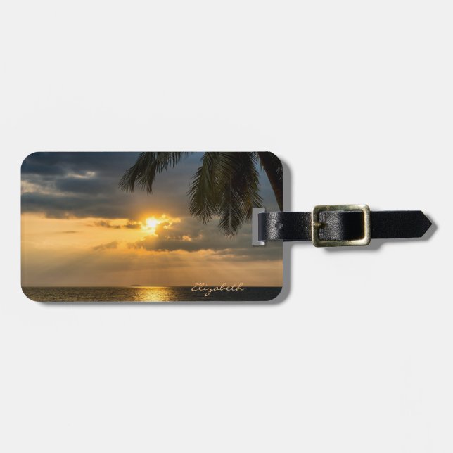 Tropical Beach, Palm, Sunset - Personalised Luggage Tag (Front Horizontal)
