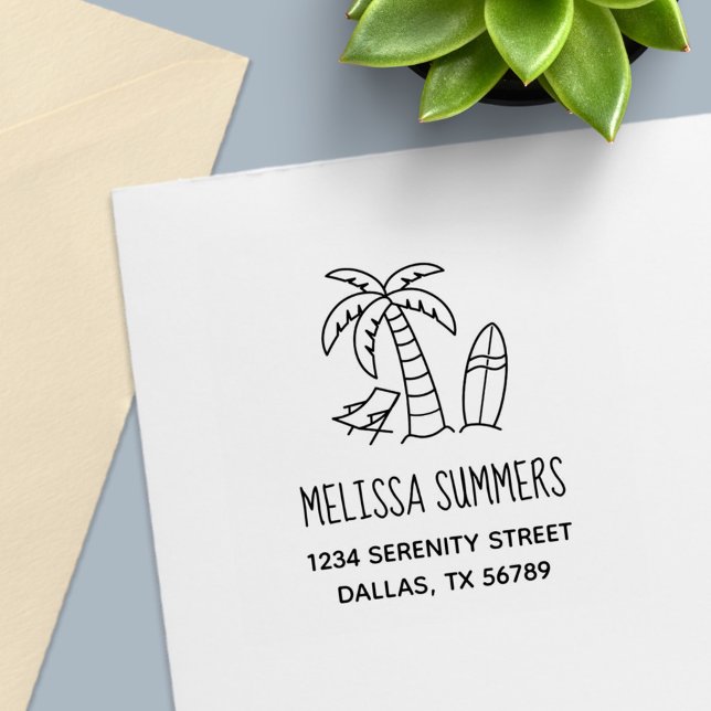 Tropical Beach Palm Surfboard Address Self-inking Stamp (Creator Uploaded)