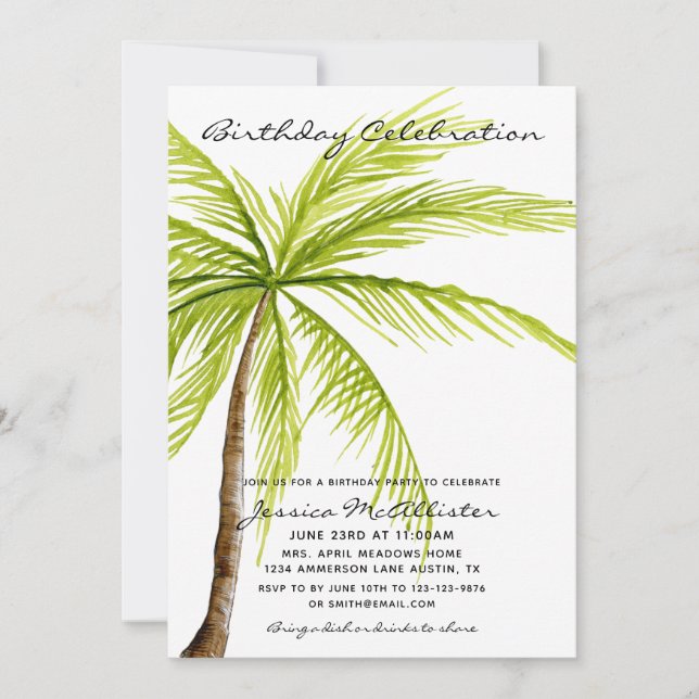 Tropical Beach Palm Tree Birthday Party Invitation (Front)