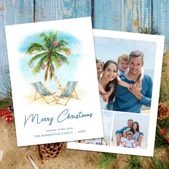 Tropical Beach Palm Tree Christmas 3 Photo  Holiday Card (Creator Uploaded)