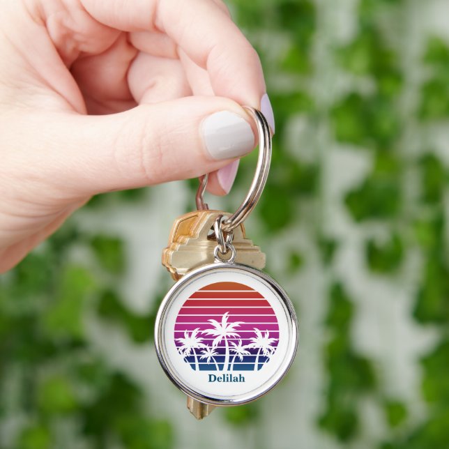 Tropical Beach Palm Tree Cute Personalised Summer Key Ring (Hand)