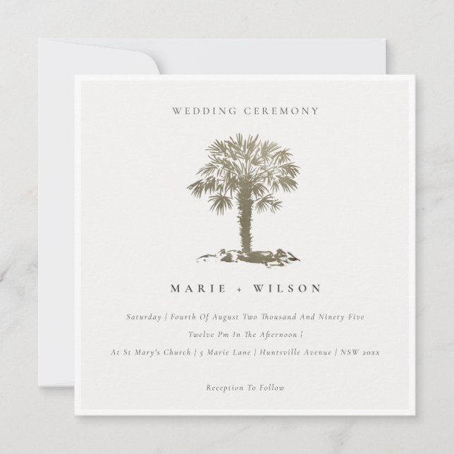 Tropical Beach Palm Tree Dark Gold Wedding Invite (Front)